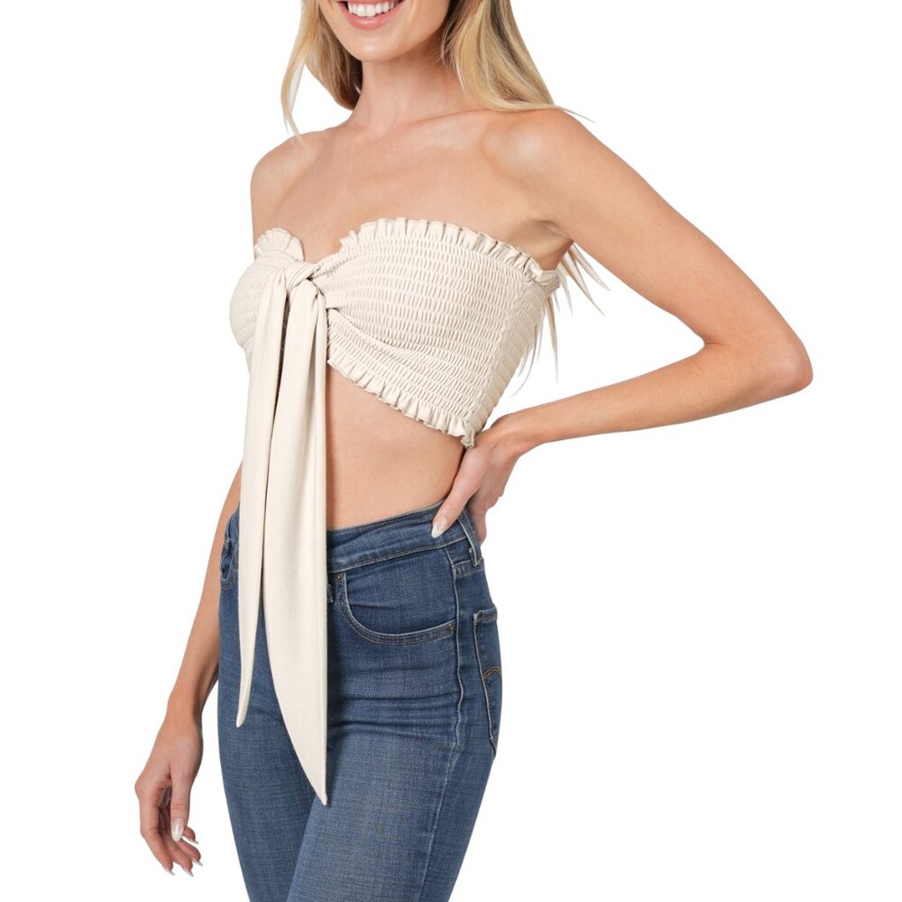 5180 ZENANA Bone Cream French Terry Smocked Tube Top w Front Tie